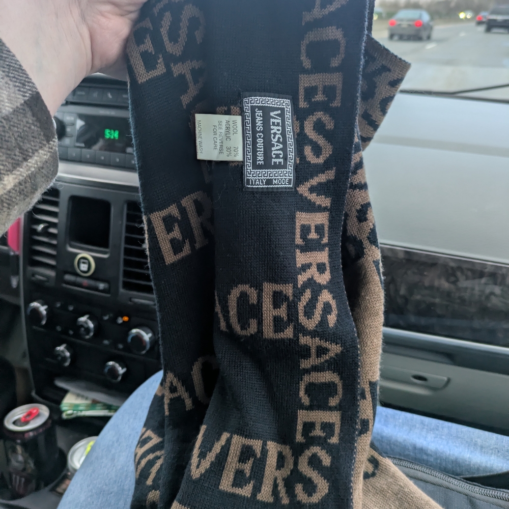 Versace Elegant Black and Tan Logo Scarf